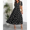 image:imageTalisea Womens Summer Maxi Dress  Puff Sleeve V Neck Smocked Tiered Boho Casual ALine Wedding Guest Long Dress with PocketsBlack Printed
