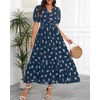 image:imageTalisea Womens Summer Maxi Dress  Puff Sleeve V Neck Smocked Tiered Boho Casual ALine Wedding Guest Long Dress with PocketsNavy Printed