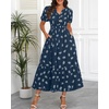 image:imageTalisea Womens Summer Maxi Dress  Puff Sleeve V Neck Smocked Tiered Boho Casual ALine Wedding Guest Long Dress with PocketsNavy Printed