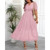 image:imageTalisea Womens Summer Maxi Dress  Puff Sleeve V Neck Smocked Tiered Boho Casual ALine Wedding Guest Long Dress with PocketsPink Printed
