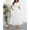 image:imageTalisea Womens Summer Maxi Dress  Puff Sleeve V Neck Smocked Tiered Boho Casual ALine Wedding Guest Long Dress with PocketsWhite Printed