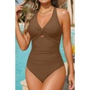 image:imageTummy Control One Piece Swimsuits  Women Halter Bathing Suit 2025 Twist Front Cut Out Full Coverage SwimwearBrown
