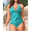image:imageTummy Control One Piece Swimsuits  Women Halter Bathing Suit 2025 Twist Front Cut Out Full Coverage SwimwearGreen Paisley