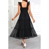 image:imageWomens Wedding Guest Dress Dotted Tulle Smocked Summer Midi Sleeveless Ruffle Tiered Flowy Mesh Party SundressBlack