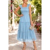 image:imageWomens Wedding Guest Dress Dotted Tulle Smocked Summer Midi Sleeveless Ruffle Tiered Flowy Mesh Party SundressLight Blue
