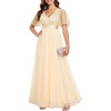 image:imageFormal Dresses for Women Prom Evening Gown Sequin Tulle V Neck Ruffle Short Sleeve Empire Waist A Line Long DressGold