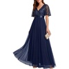 image:imageFormal Dresses for Women Prom Evening Gown Sequin Tulle V Neck Ruffle Short Sleeve Empire Waist A Line Long DressNavy Blue