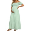 image:imageOff The Shoulder Maternity Dress for Baby Shower  Womens Boho Swiss Dot Smocked Puff Sleeve Maxi DressMint Green