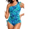image:imageOne Shoulder One Piece Swimsuits  Women Tummy Control Bathing Suits Ruched Full Coverage Side Tie SwimwearBlue Leaves