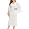image:imagePlus Size Formal Dresses  Chiffon Capelet Ruffle Sleeves V Neck Lace Mermaid Evening Gown Prom Long Maxi Dresses 2025White