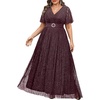 image:imagePlus Size Formal Dresses  Wedding Guest Evening Gown Sparkly Sequin Prom Gala Ball Maxi Dress with Short SleevesBurgundy Purple