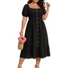 image:imagePlus Size Summer Dresses  Boho Casual Wedding Guest Midi Flowy Short Sleeves Smocked Button Down Dress for Curvy WomenBlack