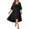 image:imagePlus Size Wedding Guest Dress  Semi Formal Double Bell Sleeve V Neck High Low Split Ruffle Cocktail Dresses with BeltBlack