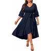 image:imagePlus Size Wedding Guest Dress  Semi Formal Double Bell Sleeve V Neck High Low Split Ruffle Cocktail Dresses with BeltNavy Blue
