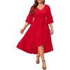 image:imagePlus Size Wedding Guest Dress  Semi Formal Double Bell Sleeve V Neck High Low Split Ruffle Cocktail Dresses with BeltRed