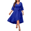 image:imagePlus Size Wedding Guest Dress  Semi Formal Double Bell Sleeve V Neck High Low Split Ruffle Cocktail Dresses with BeltRoyal Blue