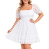 image:imageTalisea Plus Size Square Neck Graduation Summer Casual Sundress Chiffon Swiss Dot Ruffle Flowy Short Smocked DressWhite