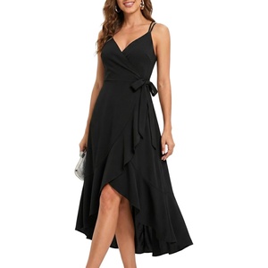 image:imageCocktail Dresses for Women Wedding Guest Midi High Low Spaghetti Strap Ruffle Hem Graduation Party ElegantBlack