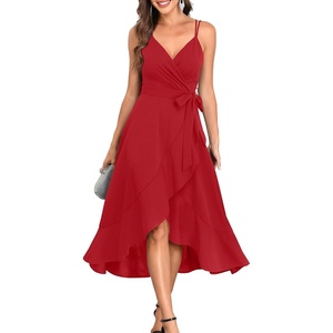 image:imageCocktail Dresses for Women Wedding Guest Midi High Low Spaghetti Strap Ruffle Hem Graduation Party ElegantRed