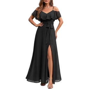 image:imageFormal Dresses for Women  Off the Shoulder Wedding Guest Bridesmaid Prom Chiffon Flowy Split ALine Long DressBlack