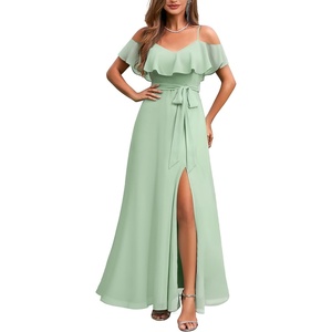 image:imageFormal Dresses for Women  Off the Shoulder Wedding Guest Bridesmaid Prom Chiffon Flowy Split ALine Long DressSage Green