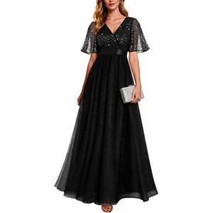 image:imageFormal Dresses for Women Prom Evening Gown Sequin Tulle V Neck Ruffle Short Sleeve Empire Waist A Line Long DressBlack