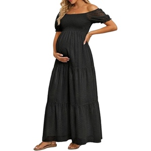 image:imageOff The Shoulder Maternity Dress for Baby Shower  Womens Boho Swiss Dot Smocked Puff Sleeve Maxi DressBlack