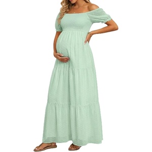 image:imageOff The Shoulder Maternity Dress for Baby Shower  Womens Boho Swiss Dot Smocked Puff Sleeve Maxi DressMint Green