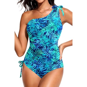 image:imageOne Shoulder One Piece Swimsuits  Women Tummy Control Bathing Suits Ruched Full Coverage Side Tie SwimwearBlue Leaves
