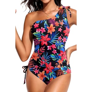 image:imageOne Shoulder One Piece Swimsuits  Women Tummy Control Bathing Suits Ruched Full Coverage Side Tie SwimwearMulti Floral