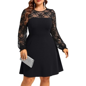 image:imagePlus Size Cocktail Dress  Lace Wedding Guest Party Crew Neck Short A Line Dresses WomenBlack Long Sleeve