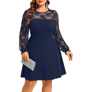 image:imagePlus Size Cocktail Dress  Lace Wedding Guest Party Crew Neck Short A Line Dresses WomenNavy Blue Long Sleeve