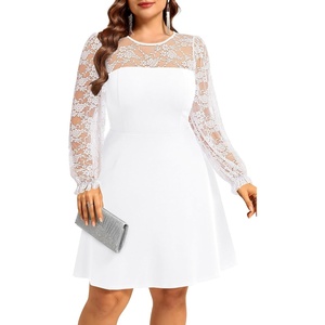 image:imagePlus Size Cocktail Dress  Lace Wedding Guest Party Crew Neck Short A Line Dresses WomenWhite Long Sleeve