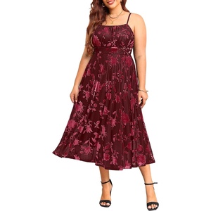image:imagePlus Size Cocktail Dresses  Velvet Party Summer Formal Wedding Guest Sleeveless Spaghetti Strap Floral Midi DressBurgundy Floral