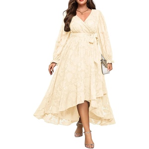 image:imagePlus Size Dresses Wedding Guest  Fall Semi Formal Floral Long Sleeve Wrap V Neck High Low Maxi Dress with Belt WomenBeige