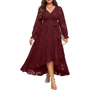 image:imagePlus Size Dresses Wedding Guest  Fall Semi Formal Floral Long Sleeve Wrap V Neck High Low Maxi Dress with Belt WomenBurgundy