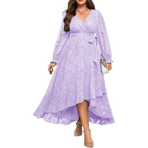 image:imagePlus Size Dresses Wedding Guest  Fall Semi Formal Floral Long Sleeve Wrap V Neck High Low Maxi Dress with Belt WomenLight Lavender