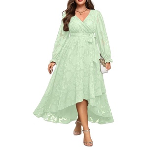 image:imagePlus Size Dresses Wedding Guest  Fall Semi Formal Floral Long Sleeve Wrap V Neck High Low Maxi Dress with Belt WomenSage Green