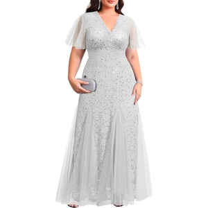 image:imagePlus Size Formal Dress  Evening Gowns Wedding Guest Mother of The Bride Sequin Lace Mermaid Tulle Hem Prom Long DressGrey