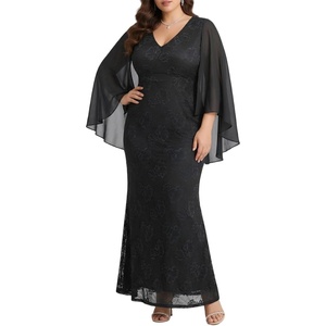 image:imagePlus Size Formal Dresses  Chiffon Capelet Ruffle Sleeves V Neck Lace Mermaid Evening Gown Prom Long Maxi Dresses 2025Black