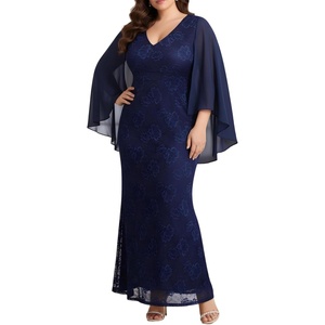 image:imagePlus Size Formal Dresses  Chiffon Capelet Ruffle Sleeves V Neck Lace Mermaid Evening Gown Prom Long Maxi Dresses 2025Navy Blue