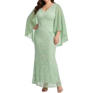 image:imagePlus Size Formal Dresses  Chiffon Capelet Ruffle Sleeves V Neck Lace Mermaid Evening Gown Prom Long Maxi Dresses 2025Sage Green