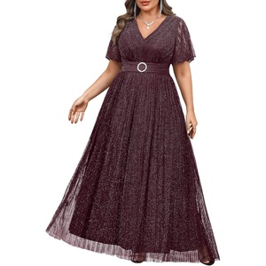 image:imagePlus Size Formal Dresses  Wedding Guest Evening Gown Sparkly Sequin Prom Gala Ball Maxi Dress with Short SleevesBurgundy Purple