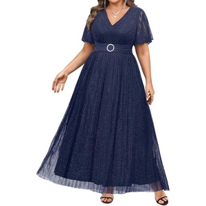 image:imagePlus Size Formal Dresses  Wedding Guest Evening Gown Sparkly Sequin Prom Gala Ball Maxi Dress with Short SleevesNavy Blue