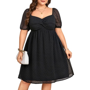 image:imagePlus Size Graduation Dress  Summer Swiss Dot Sweetheart Neckline Short Sundress Puff Sleeve Cute Flowy Chiffon DressesBlack Short Sleeve