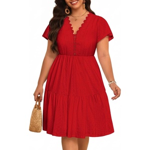 image:imagePlus Size Summer Dress  Casual Boho Sundress Eyelet Lace V Neck Short Sleeve Tiered ALine Midi Flowy Sun Dresses WomenRed Eyelet