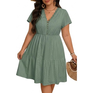 image:imagePlus Size Summer Dress  Casual Boho Sundress Eyelet Lace V Neck Short Sleeve Tiered ALine Midi Flowy Sun Dresses WomenSage Green Eyelet