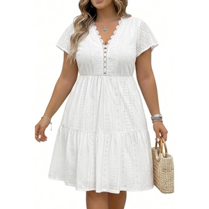 image:imagePlus Size Summer Dress  Casual Boho Sundress Eyelet Lace V Neck Short Sleeve Tiered ALine Midi Flowy Sun Dresses WomenWhite Eyelet