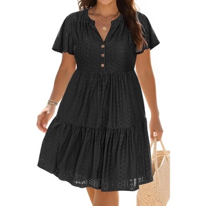 image:imagePlus Size Summer Dress  Casual Sundress Beach Short Sleeve V Neck Tiered Button Up Boho Midi Flowy Sun Dresses WomenBlack Eyelet