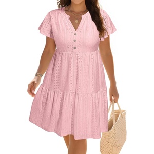image:imagePlus Size Summer Dress  Casual Sundress Beach Short Sleeve V Neck Tiered Button Up Boho Midi Flowy Sun Dresses WomenPink Eyelet